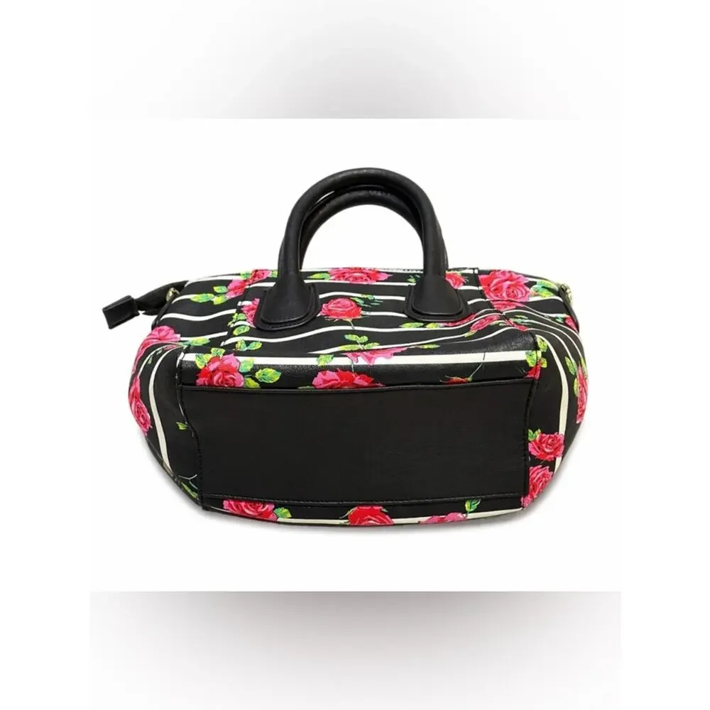Betsey Johnson Floral Stripe Satchel Black Pink Rose Mini Handbag Y2K